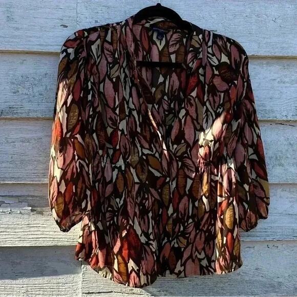 Banana Republic (S) Brown Floral Leaf Blouse Button Up V-Neck 3/4 Peasant Top - Picture 1 of 9